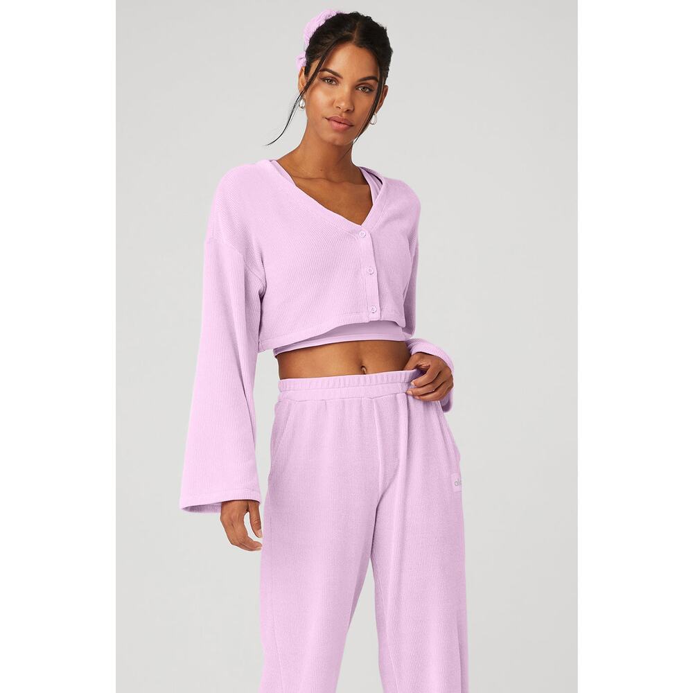 Alo Yoga Chenille Chalet Cardigan Sugarplum Pink Flare Sleeve Women's Med